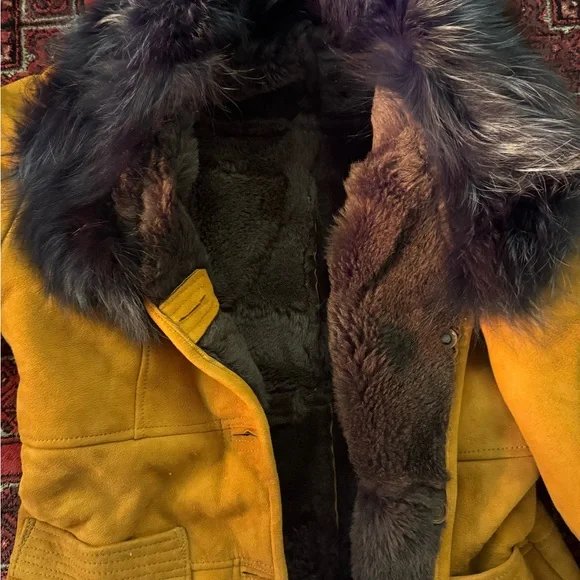 Women's Mustard Genuine Suede Shearling Coat with Real Fur Trim – Embroidered - Picture 3 of 6